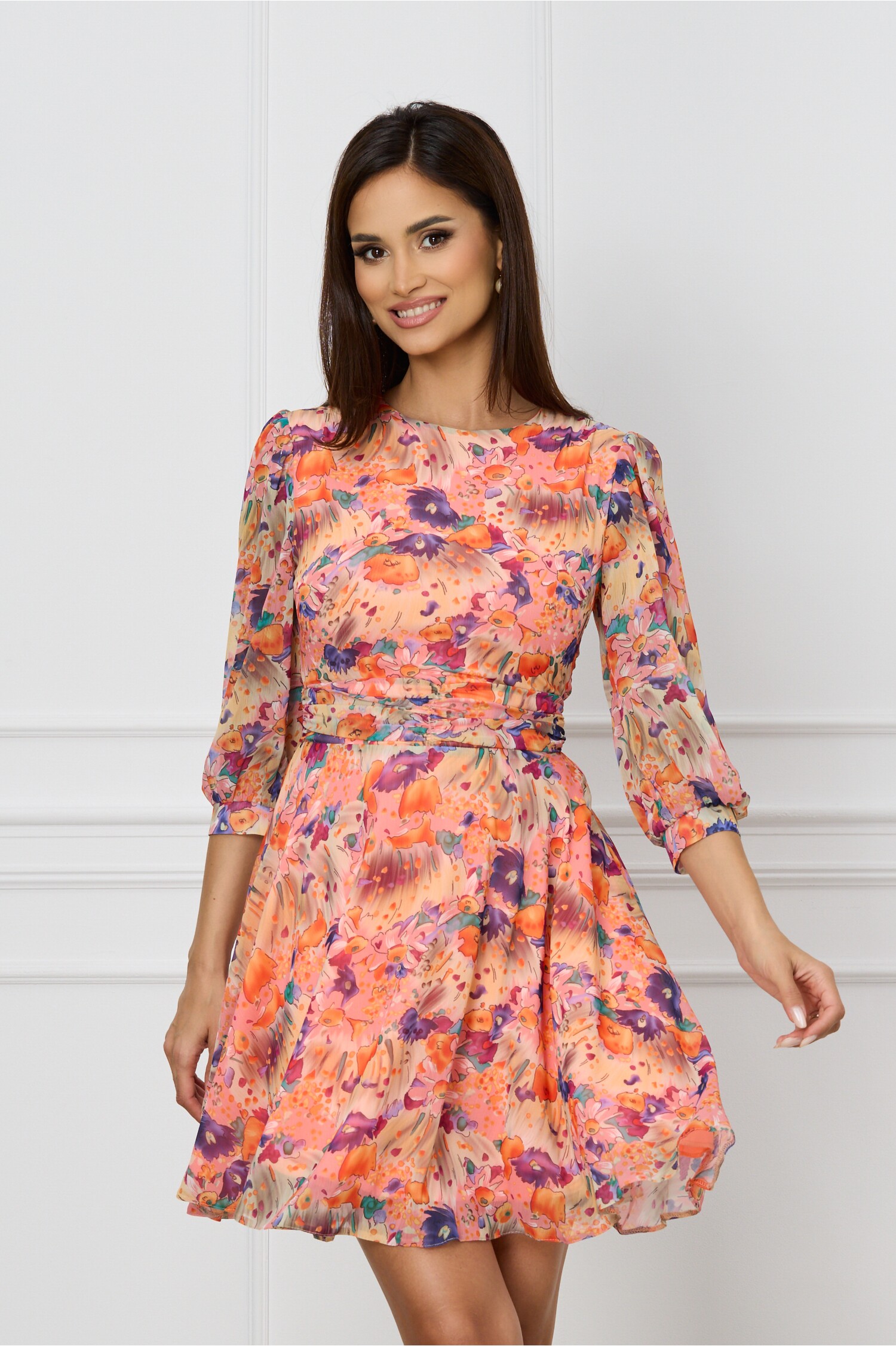 Rochie Dy Fashion peach cu imprimeu mov si orange